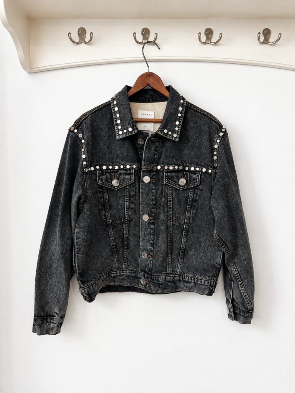 Sandro Denim Jacket, Black / Grey, Studded Details